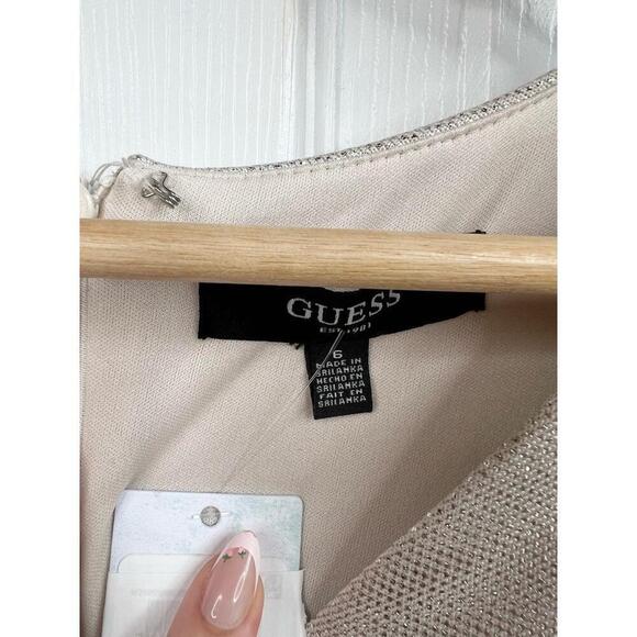 Guess Dress Size 6 Silver Beige Ruched Metallic Long Sleeve VNeck Party - Picture 9 of 10